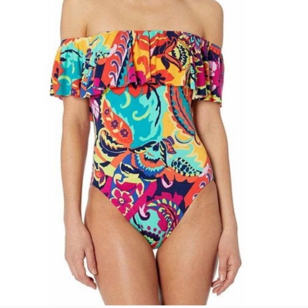 NWT! TAHARI Women's Colorful Ruffle Bandeau One Piece Swimsuit. NEW WITH TAGS